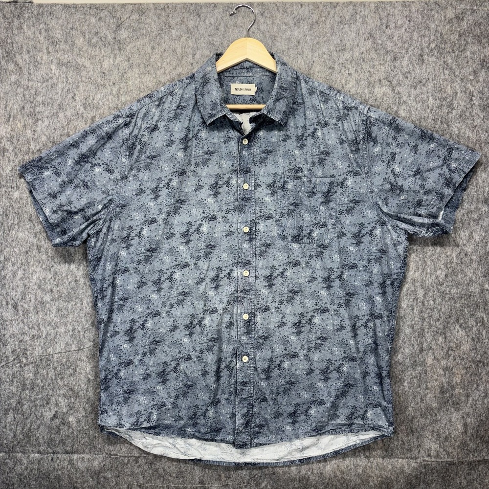 Taylor Stitch Button Up Shirt Men's 44 XL Blue Geometric Short Sleeve Cotton